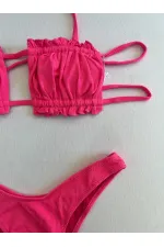 Kadın Pembe İp Bağlamalı Büzgülü Straplez Bikini Takım HZL25S-LC2226