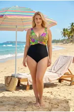 Women's Black Green V-Neck Plus Size Swimsuit HZL25S-LC4008