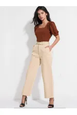 Kadın Kahverengi Kare Yaka Örme Bluz HZL22W-BD104091