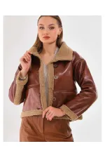 Kadın Taba İçi Kürklü Düğmeli Suni Deri Mont HZL23W-BRC129331