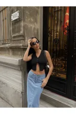 Kadın Siyah Düğmeli Crop Triko Yelek HZL24S-ZK10231