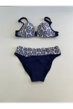 Ensemble bikini femme bleu marine et blanc à motifs ethniques HZL25S-LC213