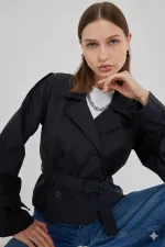 Trench-coat court noir à double boutonnage et ceinture pour femme HZL25W-BD159701