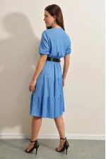 Kadın Mavi V Yaka Beli Lastikli Siyah Kemerli Örme Elbise HZL23S-BD123771