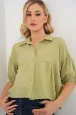 Kadın Kısa Kol Crop Gömlek 20335 - E.Yeşil