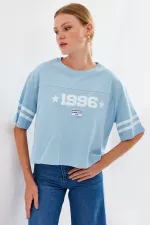 4322 Printed Oversize Basic T-Shirt - Blue