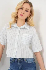 Kadın Çizgili Crop Gömlek 20342 - Açık Mavi
