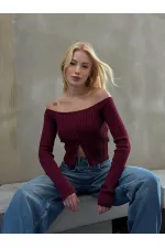 Kadın Bordo Önden Düğme Detaylı Kayık Yaka Triko Bluz HZL25W-ZK10341