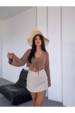 Kadın Camel Önden Bağlamalı Müslin Kumaş Crop Bluz  HZL25S-DSB104071