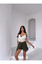 Kadın Haki Bağlama Detay Müslin Şort HZL25S-DSB2323