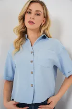 Women's Linen-Look Crop Shirt 20339 - Blue