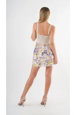 Kadın Mor Önden İp Bağlamalı Ajurlu Model Saten Yüzeyli Mini Elbise HZL24S-YY250