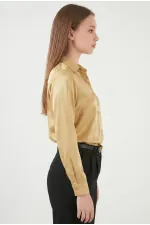 Kadın Gold Hafif Dökümlü Saten Yüzeyli Gömlek HZL22W-BD139641