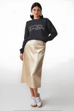 Women's Cream Satin Surface Elastic Waist Midi Skirt Hzl23s-bd1101471