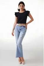 Kadın Siyah Fırfır Kollu Zincir Kolyeli Örme Bluz HZL22S-BD104301