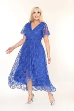 Kadın Saks Mavi Büyük Beden V Yaka Astarlı Dantel Detaylı Şık Abiye Elbise HZL26S-PR11071