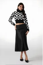 Kadın Düz Siyah Saten Yüzeyli Beli Lastikli Midi Boy Etek Hzl23s-bd1101471