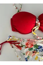 Kadın Kırmızı Taş İşlemeli Astarlı Bikini Takım HZL25S-LC208