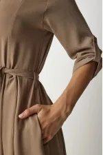 Kadın Krem Gizli Cepli Kuşaklı Viskon Gömlek Elbise HZL24S-BD124421