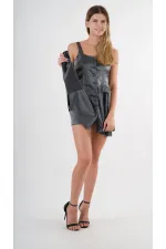 Kadın Antrasit Askılı Önden Düğmeli Cepli Beli Lastikli Şortlu Elbise HZL24S-YY197