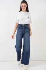 Women's Wide Leg High Waist Palazzo Jeans 6656 - Navy Blue