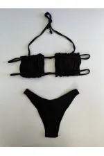 Women's Black String-Tied Gathered Strapless Bikini Set HZL25S-LC2226