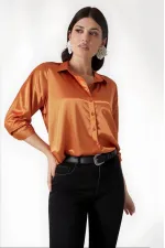 Kadın Oranj  Hafif Dökümlü Saten Yüzeyli Gömlek HZL22W-BD139641