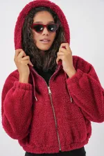 5193 Kapüşonlu Peluş Crop Ceket - Bordo