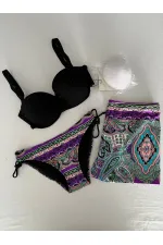 Kadın Siyah Taş İşlemeli Desenli 3 Parça Etekli Bikini Takım HZL25S-LC3326