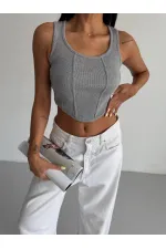 Chemisier court côtelé gris pour femme HZL25S-FRY123171