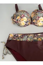 Kadın Kahve Çiçek Desenli Büyük Beden Astarlı Lacivert Bikini Takım HZL25S-LC3301