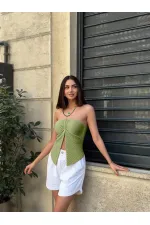 Kadın Fıstık Yeşil Boyundan Bağlamalı Staplez Bluz HZL25S-ZK13581