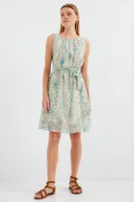 2501 Desenli Sıfır Kol Şifon Elbise - Mint