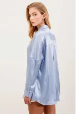 Chemise oversize fluide bleu glacier satinée pour femme HZL23S-BD139851