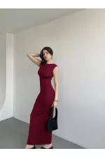 Kadın Bordo Sırt Dekolteli Yumuşak Dokulu Elbise HZL25S-ZK13321