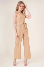 Kadın Krem Beli Lastikli Derin Kruvaze V Yaka Kemerli Örme Tulum HZL22S-BD170211