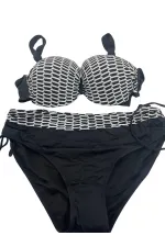 Kadın Beyaz Zincir Desenli Büyük Beden Astarlı Siyah Bikini Takım HZL25S-LC3303