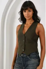 Kadın Haki Düğmeli Astarlı Yelek HZL25S-BD167961