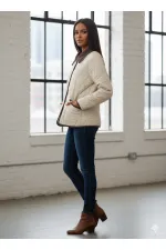 Manteau matelassé en velours crème à fermeture à pression pour femme HZL25W-BD152261