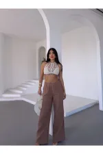 Kadın Camel Beli Lastikli Müslin Kumaş Bol Paça Pantolon HZL25S-DSB12221