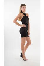 Kadın Siyah Halter Yaka Saten Kumaş Sırt Dekolteli Mini Elbise HZL24S-YY262