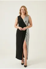 Kadın Siyah Gümüş Simli Büyük Beden Kruvaze Yaka Yırtmaç Detay Elbise HZL26W-PR10041