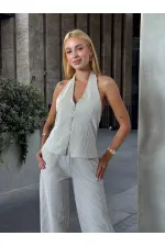 Kadın Gri Çizgili Önü Fermuarlı Bluz Pantolon İkili Takım HZL25S-ZK13691