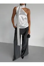 Chemisier asymétrique en satin blanc pour femme, col châle et encolure à nouer HZL26W-FRY123731