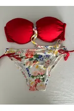 Kadın Kırmızı Taş İşlemeli Astarlı Bikini Takım HZL25S-LC208
