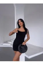 Kadın Siyah İnce Askılı Yanlardan Drapeli Mini Elbise HZL25S-FRY123071