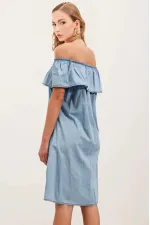 Kadın Açık Mavi Kolsuz Omzu Açık Carmen Yaka Jean Elbise HZL24S-BD114811