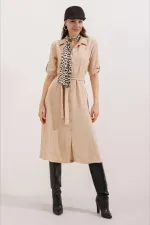 Kadın Açık Krem Gizli Cepli Kuşaklı Viskon Gömlek Elbise HZL24S-BD124421