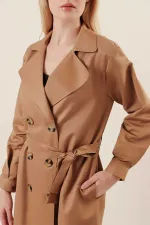 Women's Camel Double-Breasted Belted Unlined Seasonal Comfortable Trench Coat HZL22S-BD158531