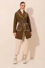 Kadın Kahverengi Nakış Detaylı Beli Kuşaklı Düğmesiz Astarsız Kaşe Kaban  HZL24W-BD191301